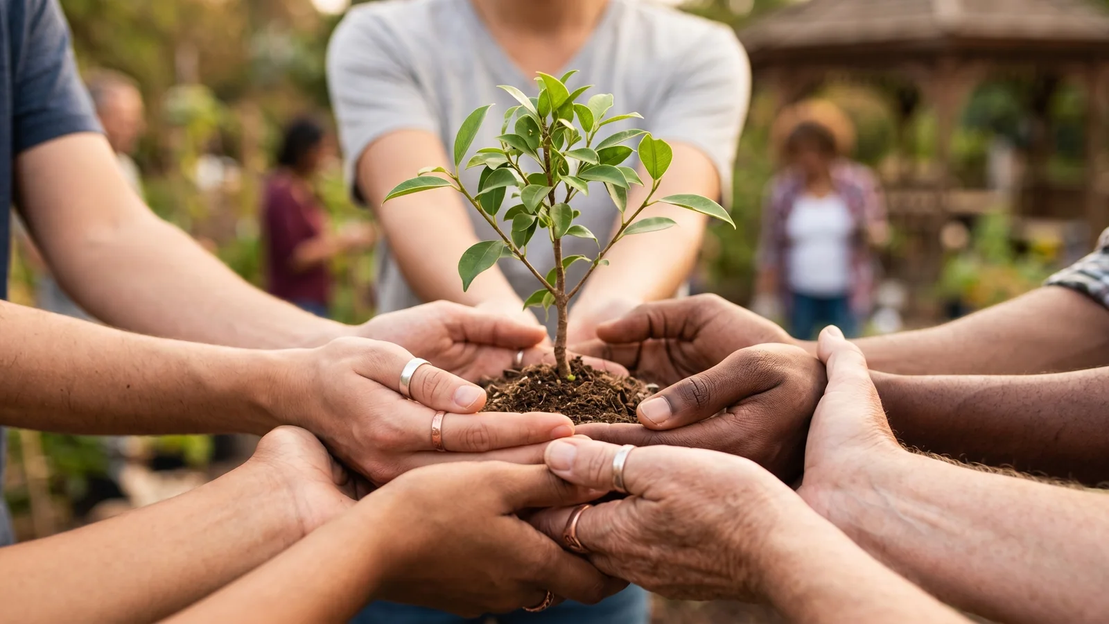 Personas sosteniendo juntas una planta como símbolo de crecimiento comunitario