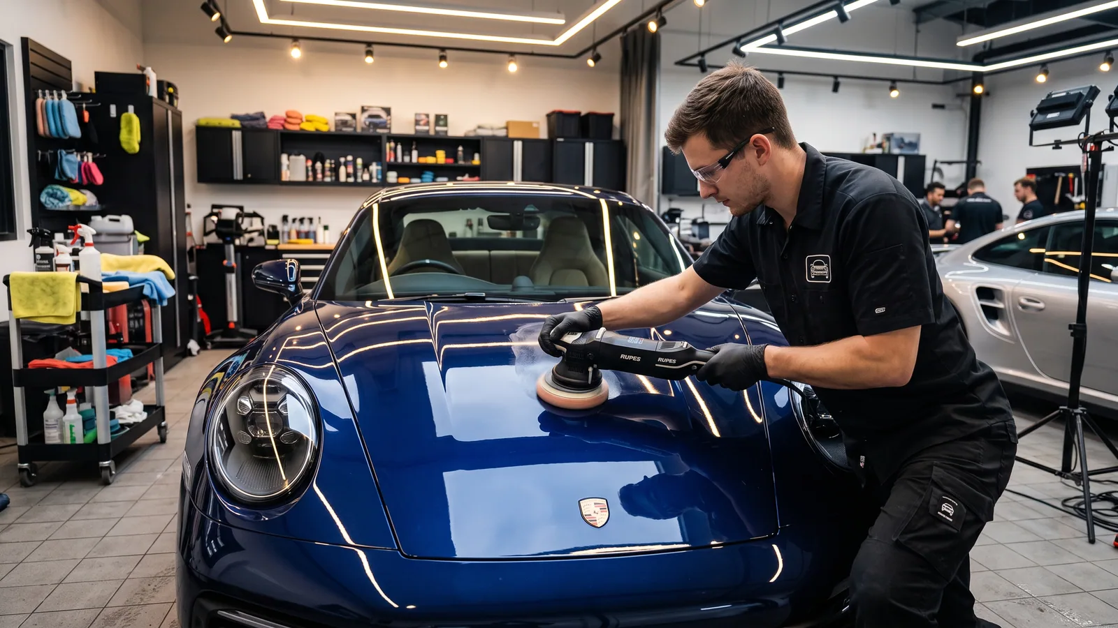 Profesional realizando el pulido de un automóvil