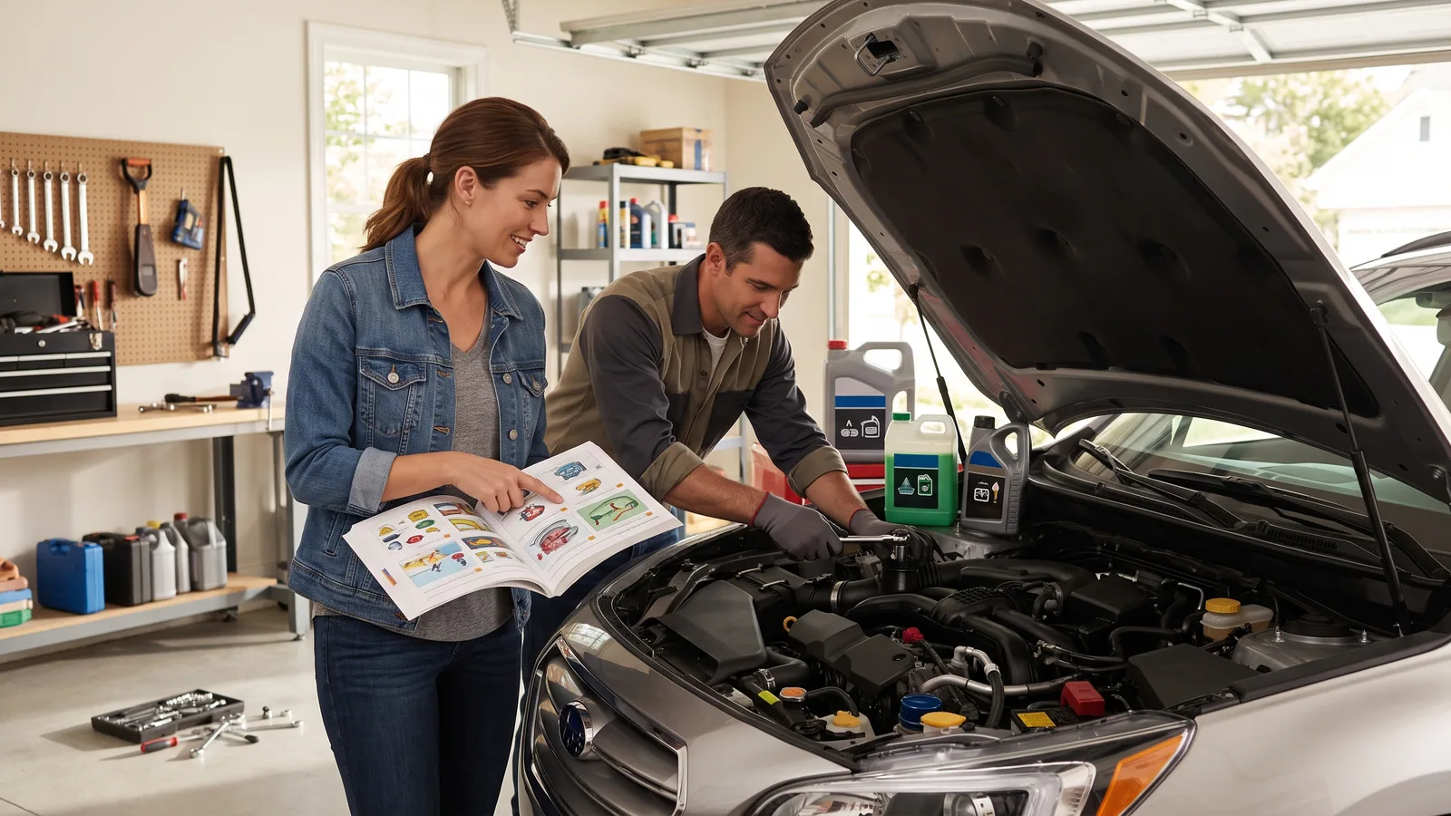 Personas consultando una guía mientras revisan el motor de un automóvil